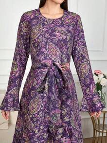 Spring Women's Floral Allover Print Boho Long Sleeve Maxi Dress 2025 New Year Fashionable Loose Fall Dresses Belted Vacation Casual Long Dresses Elegant Party Beach Graduation Chic Evening Dress