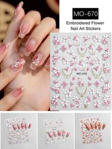刺绣花卉美甲贴纸，红色粉色橙色桃花自粘指甲贴纸贴花，闪亮金色美甲贴纸高品质 - 彩色 - 查看 4