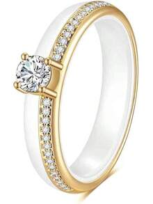 6mm White/Black Ceramic Rings Plus Cubic Zirconia For Women Comfort Fit Engagement Wedding Band Size 5-122025 - 4mm White+Gold - View 12