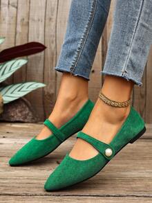 新款秋季女士套脚鞋，绒面尖头套脚百搭工作乐福鞋 - 墨綠色 - 查看 10