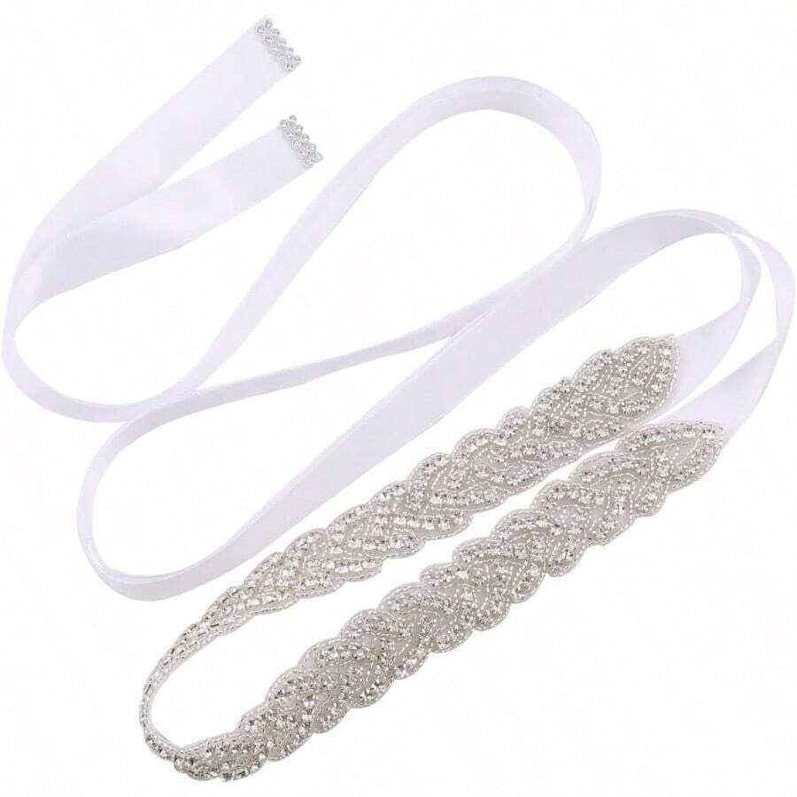 Jovbridsea Cinturon de vidrio para boda con diamantes de imitacion cinturon de novia hecho a mano para dama de honor - Plata, blanco - Ver 1