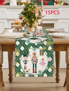 Caminho de mesa de linho natalino, 1 peça/15 peças, caminho de mesa verde com estampa de quebra-nozes e princesa, Feliz Natal, adequado para casa, restaurante, decoração de mesa de jantar