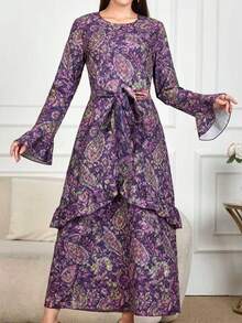 Spring Women's Floral Allover Print Boho Long Sleeve Maxi Dress 2025 New Year Fashionable Loose Fall Dresses Belted Vacation Casual Long Dresses Elegant Party Beach Graduation Chic Evening Dress