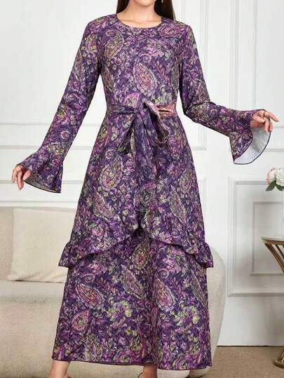 Vestido longo maxi boho com estampa floral para a primavera de 2025, modelo solto e moderno para o outono, com cinto, perfeito para férias, ocasiões casuais, festas, praia, formaturas e eventos noturnos.