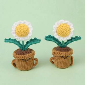 1pc Daisy & Sunflower Planter, Knitted Yarn Doll, 3D Smiling Face, Bendable Stem, Hand-Embroidered Expression, Cute & Quirky, Suitable For Decor, Desktop, Birthday Gift, Cross-Border Wholesale, Home Furnishing