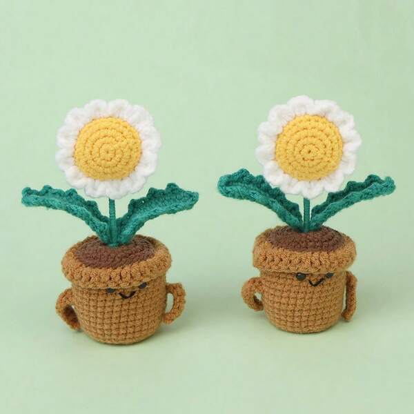 1pc Daisy & Sunflower Planter, Knitted Yarn Doll, 3D Smiling Face, Bendable Stem, Hand-Embroidered Expression, Cute & Quirky, Suitable For Decor, Desktop, Birthday Gift, Cross-Border Wholesale, Home Furnishing