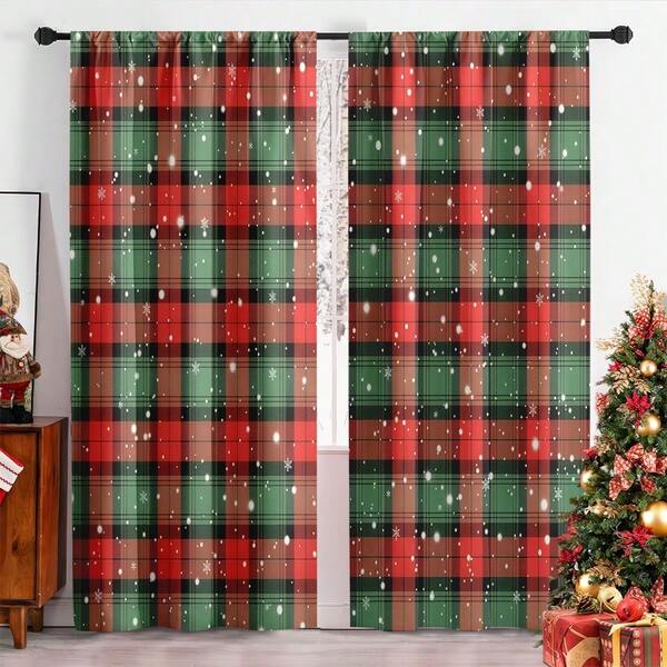 2 piezas Cortinas decorativas con diseño de cuadrícula roja, bosque y copos de nieve, hechas de material de poliéster, adecuadas para la decoración de ventanas en dormitorios, salas de estar, habitaciones con temática navideña, etc. Apropiadas para un estilo navideño, un estilo cálido retro y otros estilos hogareños llenos de ambiente navideño, cortinas versátiles para uso diario