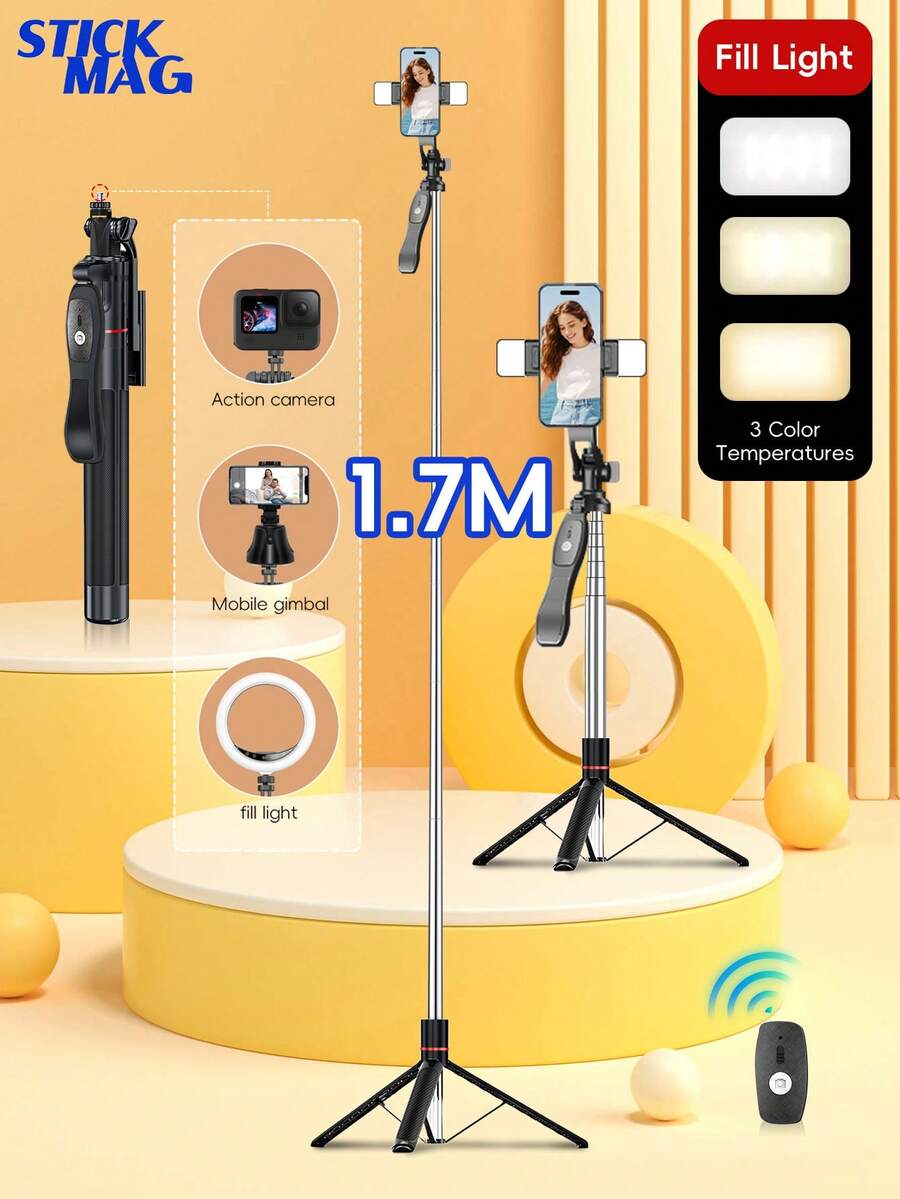STICKMAG 新款 1.7 米/70 厘米蓝牙无线自拍杆三脚架,带 LED RGB 灯、可调节手机支架、360° 不锈钢便携式手机支架,兼容 17/16/15/14/13/12/11e/Max/Pro/Xs/Xr/X/Plus、Galaxy S25/S24/S23/S22 Ultra、GoPro 和其他安卓智能手机 - 彩色 - 查看 1