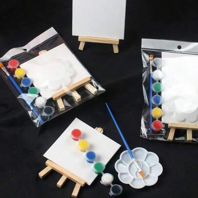 5 Piece Mini Easel Set Including Stretched Canvas, Palette, Pens, Easel, 6 Colors Of Wooden Easel Paints, Art Primed Canvas For Painting, Acrylic Pouring, Oil Painting And Wet Art Media, DIY Mini Home Accessories Decoration, Birthday Gift, Mother's Day Gift, Easter Gift, Graduation Season Exchange Gift, Christmas Gift