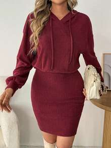 Women's Fall Mini Knit Dress Long Sleeve Solid Color Hood Dress Casual Slim Fit Dress - 酒紅色 - 查看 3