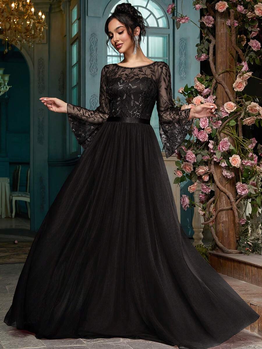 Váy dạ hội trang trọng chắp vá thanh lịch dành cho nữ dự tiệc, tiệc tùng, khách dự đám cưới, sự kiện trang trọng, váy maxi ren, kim sa, lưới, khóa kéo