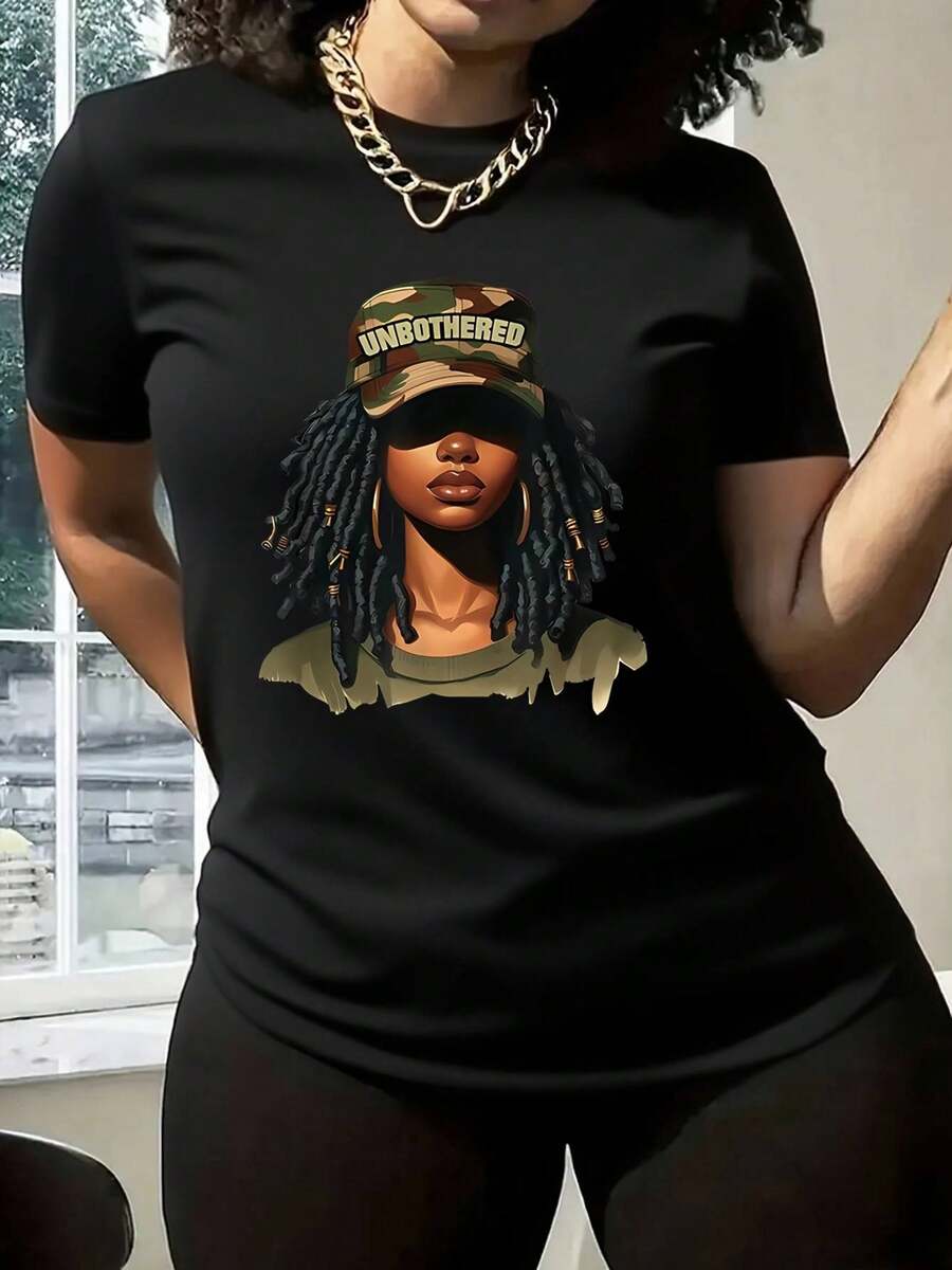 Camiseta de Cuello Redondo para Mujer con Estampado "Unbothered" en Camuflaje Amarillo Vibrante - Tejido Suave, Largo Regular, Ropa Casual para Primavera y Verano, Ajuste Relajado, Lavable a Máquina, Cómoda