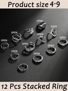 12 PCS Multi-Piece Fashion Versatile Silver & Gold-Toned Geometric, Heart & Twisted Detail Ring Set - Stackable Styles For Daily & Occasion