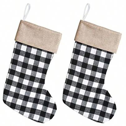 2 Piece Black And White Buffalo Plaid Chritma Tocking With Faux Burlap Trim Happy Holiday Fireplace Hanging Decoran