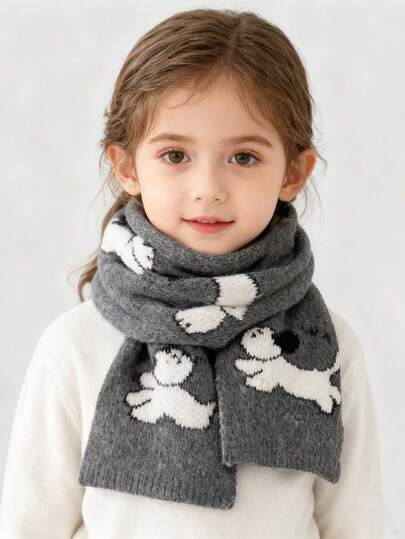 1 pièce Écharpe tricotée avec motif de chiot de dessin animé pour enfants - Écharpe chaude avec élément animal mignon, convient aux garçons et aux filles, idéale pour l'automne/l'hiver, les sorties, la photographie, les rassemblements festifs, la décoration de Thanksgiving