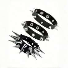 9/4/3/1 Pcs Punk Rivet Leather Bracelet Set - Handmade Rivet PU Leather Bracelet, 80s Emo Style PU Leather Bracelet, Unisex, Rivet PU Bracelet, Suitable For Party And Gifts - Black - View 8