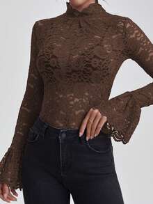 Blusa elegante y sexy de unicolor y transparente con mangas acampanadas de encaje, adecuada para invierno, Navidad y Año Nuevo