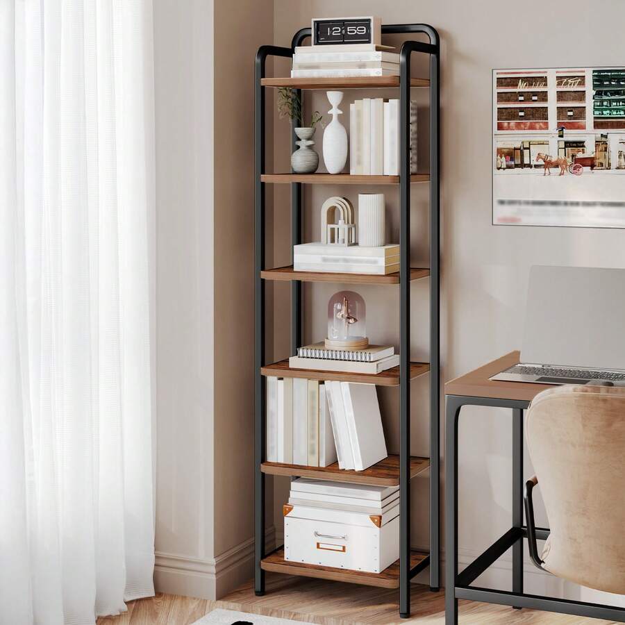 HEXCELEN Bookshelf, Shelf, Standing Shelf, Narrow Bookcase, Industrial Corner Shelf, Slim Shelf For Home Office, Living Room, Bedroom, Kitchen, 6 Tiers Vintage Brown-Black - màu đen - Xem 1