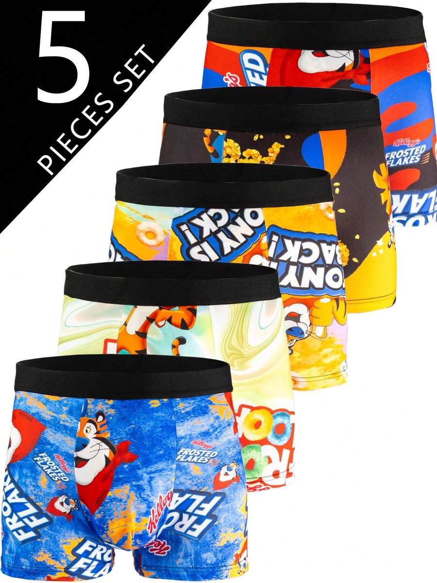 5pcs Men's Hip Hop Style Brief Underwear, Digital Print Boxer Briefs With Spandex, Suitable For Sports, Boxing, Cycling, Cartoon Fashionable Pattern Breathable Comfortable Stretchy Trunks - Multicolor - View 1