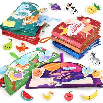 Libro de tela para el desarrollo cognitivo de niños pequeños, libro de tela para educación temprana con juguete de rompecabezas de gancho y bucle, libro tranquilo de animales