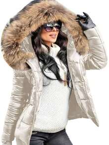 Women's Fashion Glossy Fluffy Collar Hooded Zip-Up Winter Jacket - Pearl White - View 1