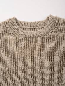 Lightweight, Warm Knit Pullover Sweater, Loose Fit, Polyester Fabric, Casual, Collegiate Style, Unisex Design, Long Sleeve, Drop Shoulder, Minimalist Crew Neck, Suitable For Autumn And Winter - 卡其色 - 查看 4