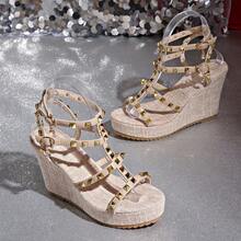 Sandálias de Plataforma Femininas, Novo Estilo de Verão Estilo Deusa, Bege Preto Múltiplas Cores Disponíveis, Sapatos Romanos de Salto Anabela Estilosos com Tira Grossa e Rebites, Perfeitos para Festa e Casamento