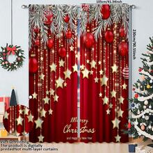 2 piezas Cortina navideña elegante con estampado plano 2D de bola de Navidad roja y dorada, de material de fibra de poliéster, adecuada para casas de alquiler, sala de estar, cocina, dormitorio, decorativa y lavable a máquina para ventanas pequeñas y sala de estar - multicolor - Ver 12