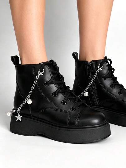 1 Pair 3D Star Metal Chain Shoe Decoration, Creative Rhinestone Pearl Shoe Laces, Punk Style For Casual Shoes/Boots, Multifunctional Accessory For Pants, Bags, Phones, Earphones, Keys, Party Gift For Friends
