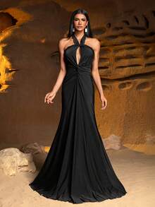 Faeriesty Robe élégante pour femme avec encolure ras-du-cou, dos à lacets et ourlet sirène flatteuse. Parfaite pour les dîners de gala, les soirées privées, les événements en tenue de soirée, les mariages romantiques et les fêtes formelles. - Noir - Voir 4