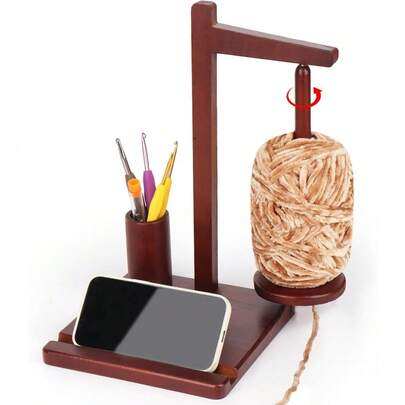 Multi-Function Crochet Yarn Holder, Wooden Yarn Spool Rack With Phone Stand & Hook Storage For Knitting And Crocheting
