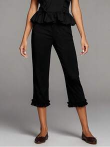 Women Capri Pants, Elastic Waist 3/4 Length Pants Solid/Dots Cropped Pants For Casual Daily - 黑色 - 查看 4