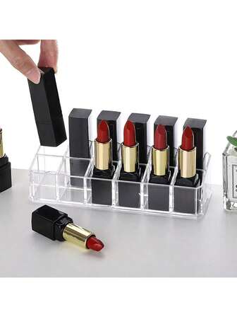 12槽透明口红收纳盒，梳妆台面亚克力化妆品收纳盒，轻质亚克力口红架，宿舍书桌化妆品和口红收纳盒