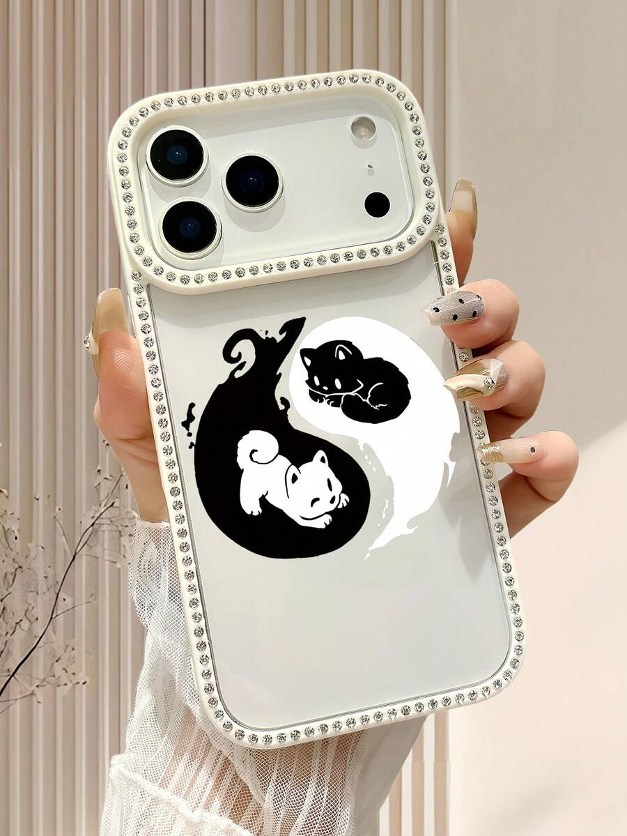Yin Yang Cat Print Rhinestone Frame Phone Case For IPhone 17 16 15 14 13 12 11 - Cute Cartoon Pattern Shockproof Protective Cover For Women Girls - Fashion Daily Accessory - White - View 1