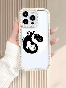 Yin Yang Cat Print Rhinestone Frame Phone Case For IPhone 17 16 15 14 13 12 11 - Cute Cartoon Pattern Shockproof Protective Cover For Women Girls - Fashion  Daily Accessory - White - View 2