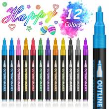 1pc 8/12/24 Colors Double-Line Outline Pen, Waterproof Quick-Dry Cartoon Children's Glitter Colored Pens, Dual-Color Fluorescent Highlighter Metallic Marker Pens For Painting, Cardmaking, Crafts | Art Supplies | Ideal For Canvas, Rock Painting, Wood, DIY Handicrafts, Inspiring Imagination And Creativity - Double-ended Outline Pen - View 2