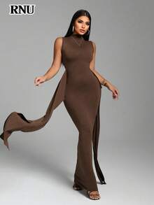 RNU Brown Coffee Color Women's Simple High Neck Stretch Base Slim Women Casual Club Business Casual Concert Outfit Office Outfits Old Money Style Hot Solid Color Ribbed Knitted Fabric High Elastic Ultra Soft Comfortable Skin-Friendly Bodycon Slim Fit Casual Daily Sexy Party Street Vacation Travel Date Spring/Summer/Autumn/Winter Sleeveless Waist Strap New Long Dress