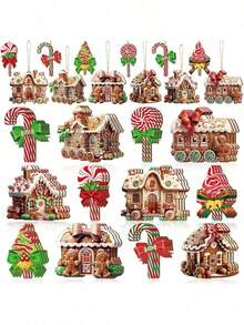 36pcs Christmas Gingerbread House Ornaments Suit Wooden Christmas Tree Ornaments Lollipop Flat Train Donut Cake Ornaments Mint Ornaments Christmas Tree Party Supplies Christmas Decorations Winter Room Decor