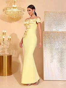 New Sexy Off-Shoulder Luxury Heavy Embellished Pearl Sequin Embroidered Fitted Backless Sleeveless Mermaid Long Dress Elegant Women's Party Gown - Light Yellow - View 6