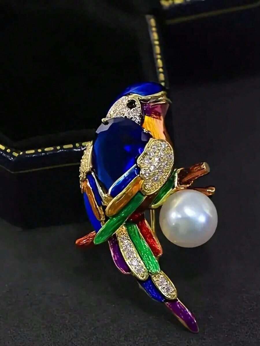 Fashionable Parrot Brooch With Faux Pearl And Rhinestone - Luxury Animal Badge For Women, Suitable For Daily Outfit Or Party Wear Funny Goose Brooch - "Today I'm A Serious Goose" With Briefcase And Tie - Zinc Alloy Quirky Office Goose Accessory - Humorous Desktop Decor, Birthday Or Promotion Gift For Goose Lovers Novelty Goose Pin Suitable For Jackets, Backpacks, Hats - Unique Goose Costume Party Decoration - Blue - View 1