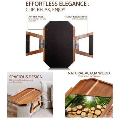 Premium Acacia Wood Sofa Arm Tray Table Couch Clip On Food Tray Wide Armrest Anti - Slip Wooden Armchair Folding Table Drinks And Snacks, Remote Controls, Phone Classic
