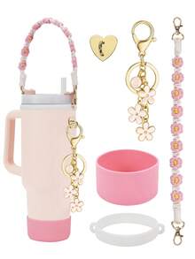 5 件/1 件硅胶保护套、防摔防刮硅胶套、防滑硅胶保护套、配套手工编织运动水壶带、心形自粘挂钩、花朵和 26 个字母吊坠标记、带肩带的瓶架、手工编织挂绳、硅胶支架、适合 8-40 盎司水瓶、耐用防撕裂、适合日常使用、家庭聚会、旅行和派对