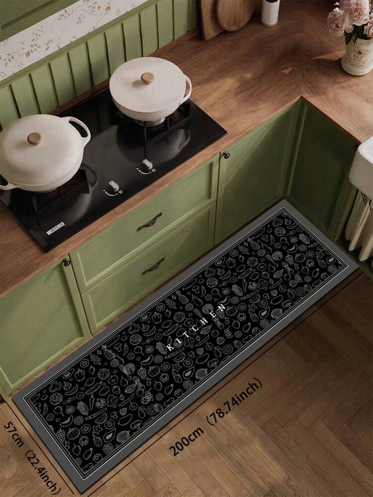 1pc Silica Gel Kitchen Floor Mat With Minimalist Vegetable, Fruit And Kitchenware Illustrations, "KITCHEN" Text, Black Background With White Outline, Suitable For Kitchen Decor Bathroom Kitchen Decor Christmas Decor Kitchen Rug - Multicolor - View 10