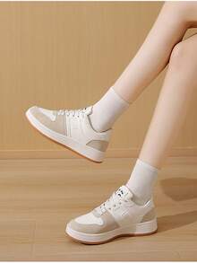 Net Surface Leather Upper Patchwork Dad ShoesWomen's Fashion Casual Sneakers - Breathable & Comfortable, Low-Top Lace-Up Running Shoes With Striped Design, Versatile For All Seasons, Available In White/Green, Light Pink/Blue, Black/White, And Dark Blue/Blackbasket Femmechaussure Femmebaskets Femmes - Khaki - View 10