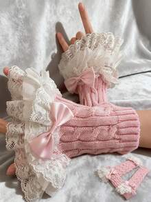 1 pieza Duradera y suave al tacto, estas mangas con lazo de encaje están adornadas con ribete de encaje y lazos. Perfectas para combinar con un vestido dulce para citas o fiestas.