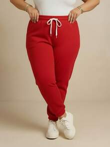 Women's Plus Size Jogger Sweatpants In Warm, Plush Flannel Fabric With Pocket | Plus Size Pants For Women - Đỏ - Xem 3