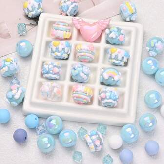 50/51 piezas Conjunto de cuentas acrílicas pintadas a mano en tonos azules, incluye encantos con forma de alas de ángel, adecuado para decoración de telas, accesorios para el hogar, pulseras DIY, bolígrafos con cuentas, correas para teléfonos, regalos hechos a mano