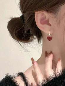 1 Pair Women's Burgundy Double-Sided Heart Earrings, Unique Design, Elegant For Weddings, Parties, Music Festivals, Holidays - Màu Đỏ Sâu - Xem 2