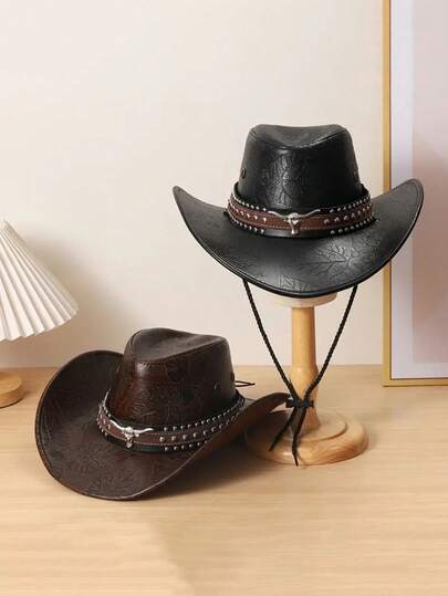 1 Unisex Western Cowboy Hat With Bull Decoration, Wide-Brimmed PU Leather In Black And Brown Prints, Featherless And Durable Design, Suitable For Travel, Parties, Western-Themed Events And Daily Use - A Gift For Friends, Men's Cowboy Hat, Women's Cowboy Hat