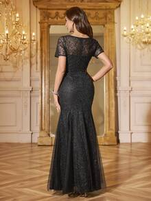 UNITHORSE Sequin Embroidered Fitted Mermaid Hem Evening Gown - Black - View 2